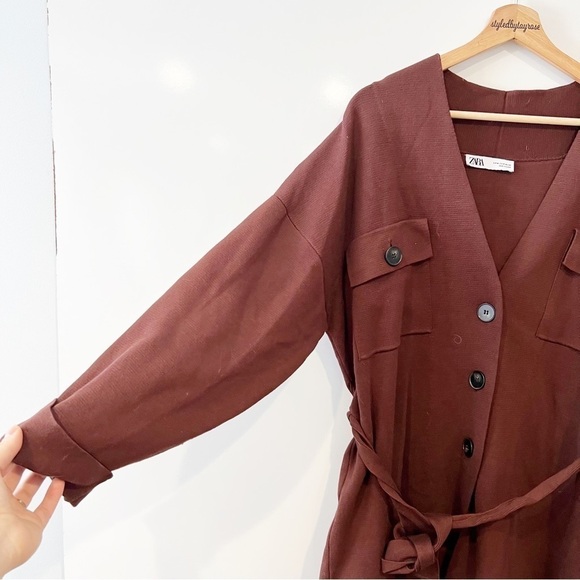 Zara Brown Knit Trench Coat with Belt - Picture 9 of 16
